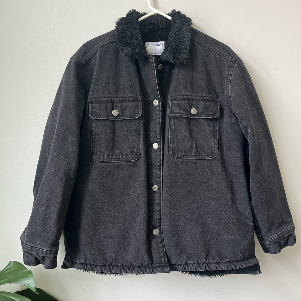 Old Navy Men's Black Denim Sherpa Lined Coat Jacket Size Medium